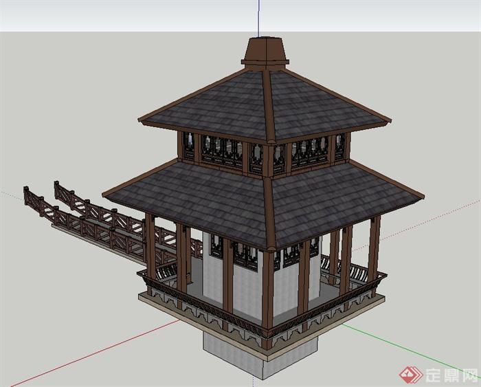 古典中式木质四角重檐亭设计su模型
