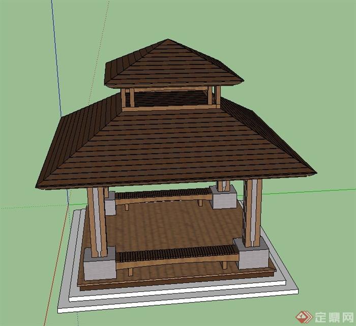 园林景观节点木质四角重檐亭子设计su模型