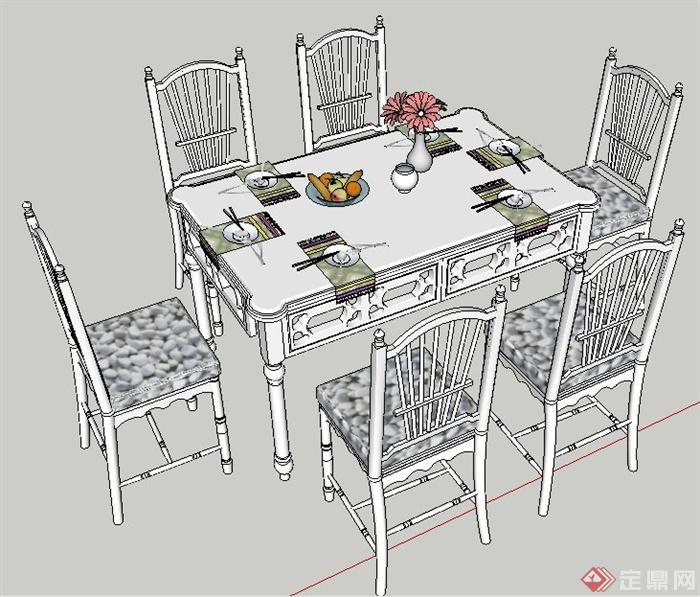 简欧田园餐桌椅组合su模型