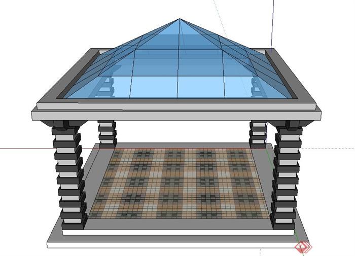 园林景观节点方形四角玻璃凉亭设计su模型