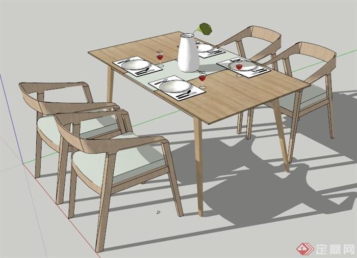 北欧风四人座餐桌椅su模型