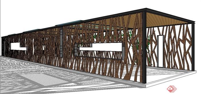 现代中式木质长廊架设计su模型
