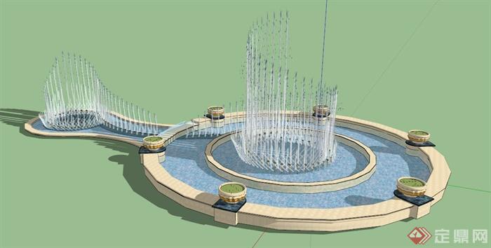 现代风格组合喷泉水池设计su模型