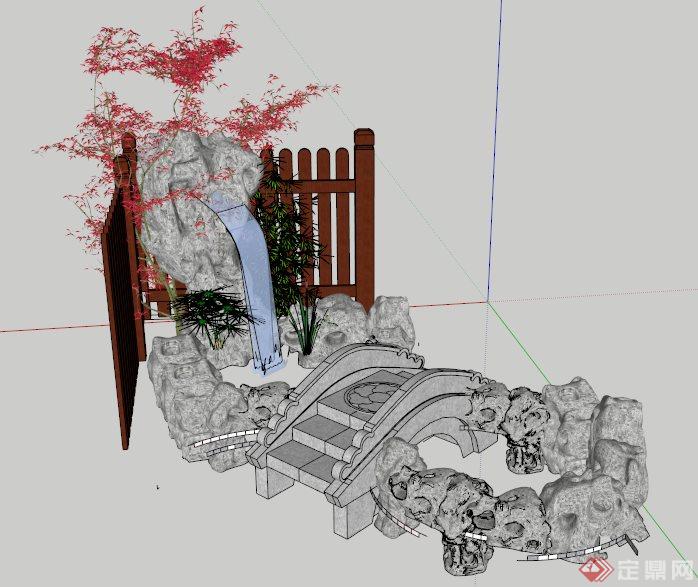 园林景观景石水池su模型