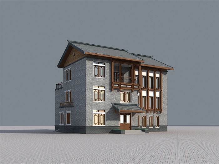 某三层中式别墅建筑设计3dmax模型[原创]