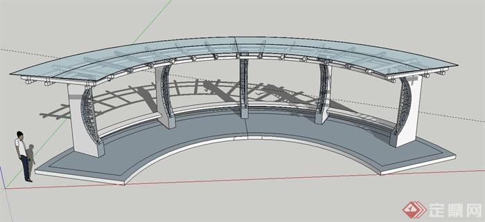 园林景观节点弧形玻璃廊架设计su模型[原创]