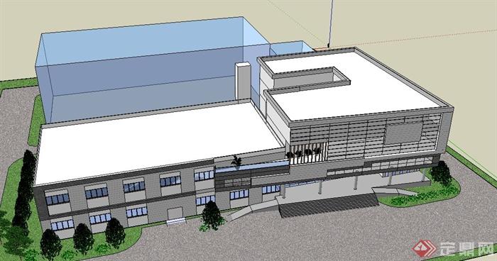 现代某两层厂房办公楼建筑设计su模型