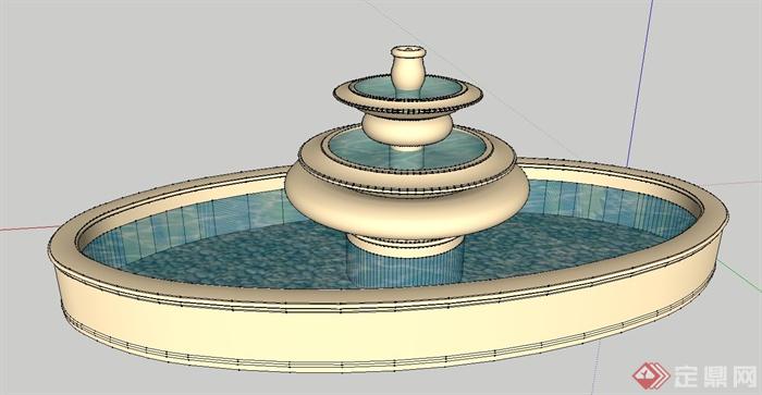 圆形水钵,椭圆卵石水池设计su模型