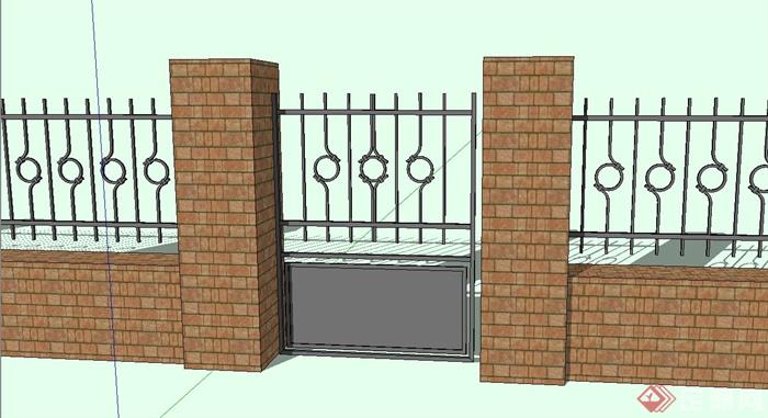 红砖围墙栏杆,庭院门设计模型[原创]