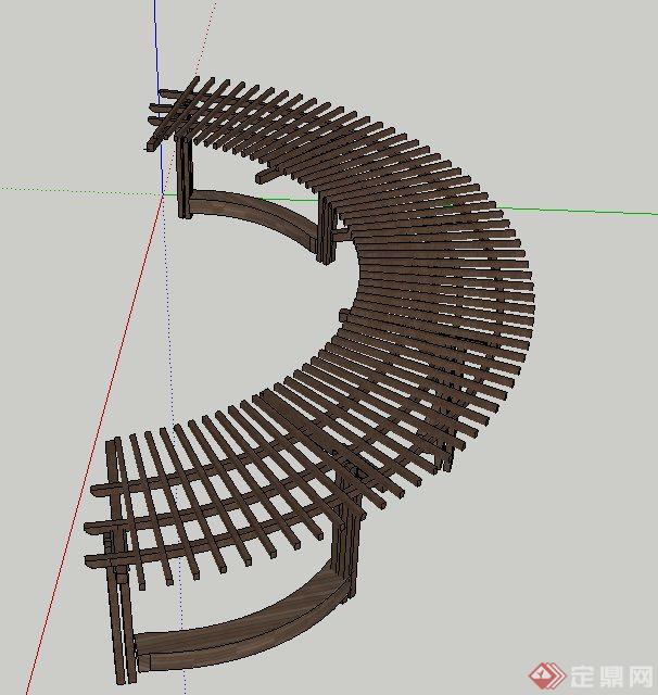 中式木质弧形景观廊架su模型[原创]