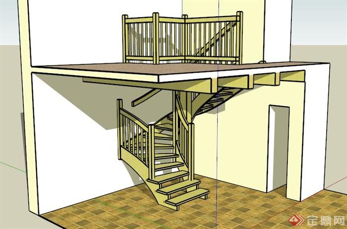 室内转角黄色楼梯su模型