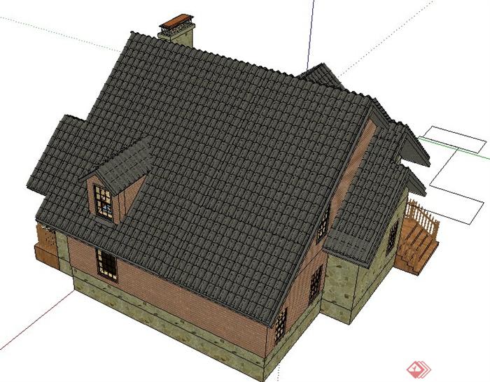 中式两层坡屋顶住宅建筑设计su模型[原创]