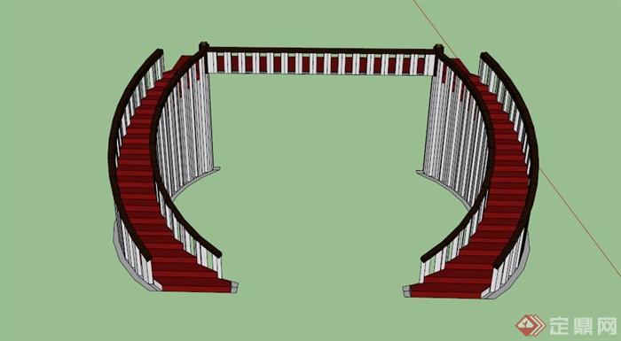 某现代中式木扶手双向楼梯su模型