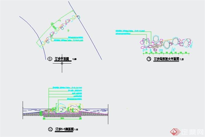 园林景观节点石汀步设计cad详图,该图纸内容有汀步平面图,剖面图,汀步