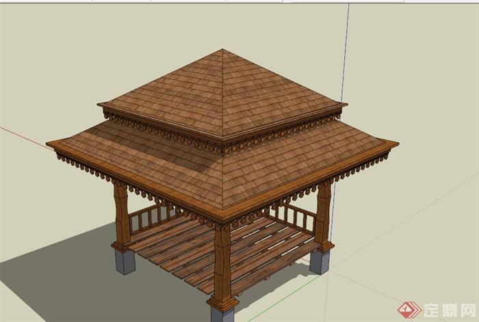 现代中式重檐四角亭su模型原创