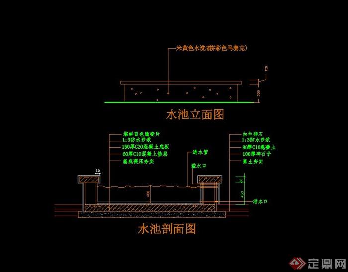  > 某现代住宅小区水池设计cad方案,方案包含了水池立面图,水池剖面图