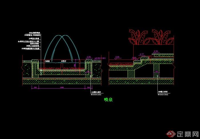 某现代风格喷泉水池cad剖面图