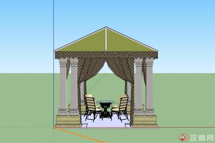 欧式带纱幔休闲四角亭子设计su模型