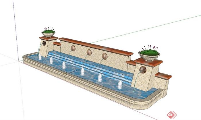 欧式入口喷水景墙水池景观su模型