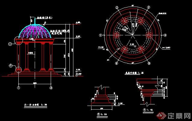 欧式圆顶景观亭设计cad施工图原创