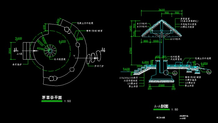 木制茅草景观亭设计cad施工图[原创]