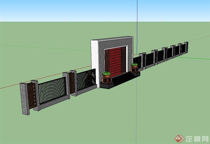 某现代中式风格入口大门围墙设计su模型[原创]