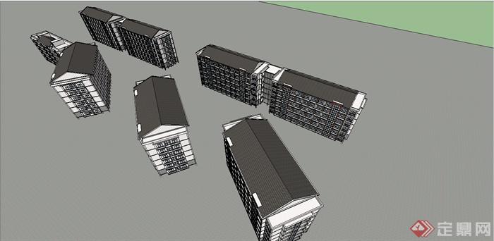 某现代中式风格学校宿舍楼建筑设计su模型原创