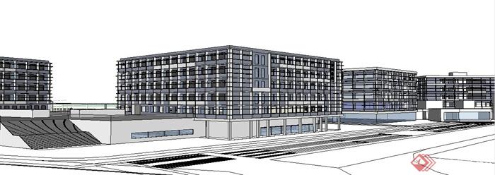 现代多层办公楼建筑群su模型(1)