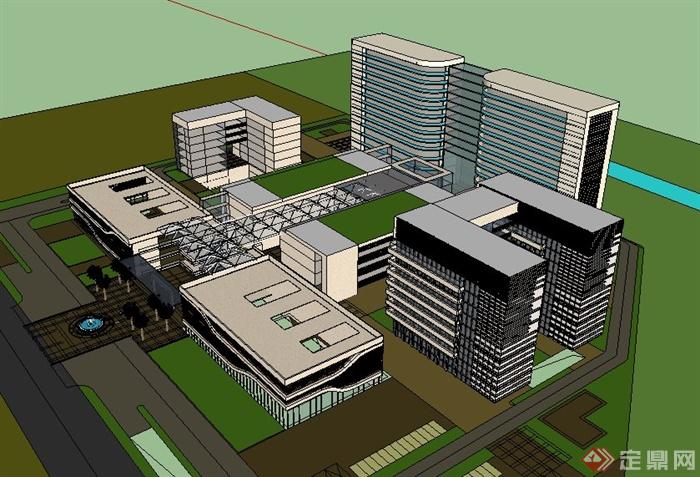 现代风格办公楼建筑群设计su模型(3)