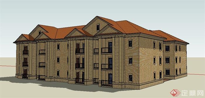 新古典三层公寓楼建筑设计su模型(2)