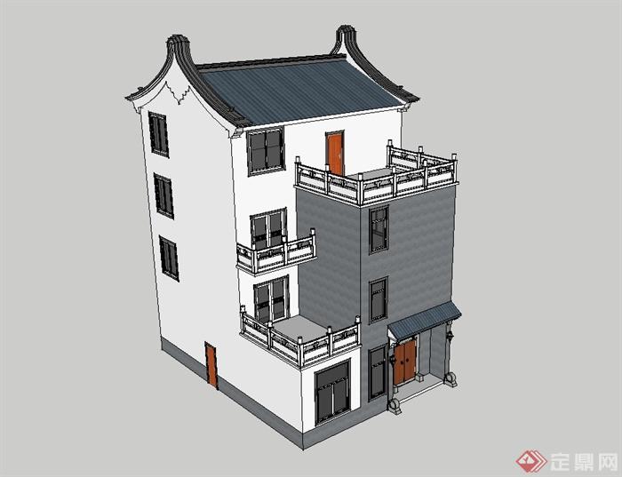 4层新中式农村别墅自建房建筑设计su模型[原创