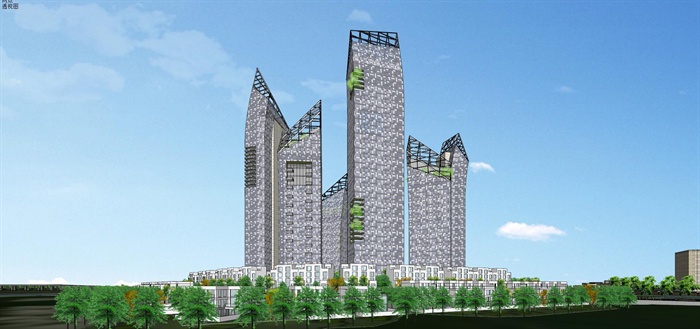 精品新加坡滨水高层建筑及景观设计SU模型加