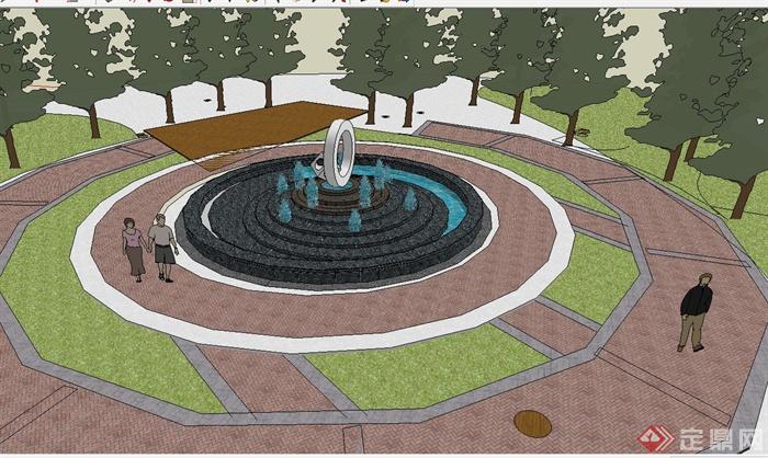 现代风格广场喷泉水池景观设计su模型[原创]