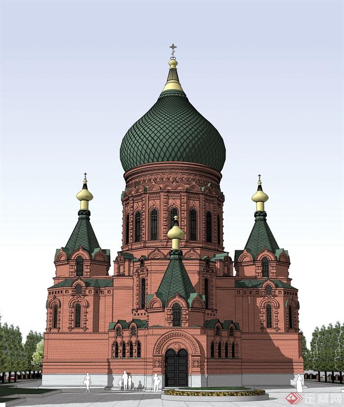 欧式风格圣索菲亚教堂建筑设计su模型及成品图原创