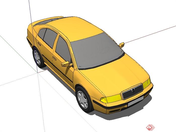 一辆黄色斯柯达汽车设计su模型,模型有材质贴图,制作详细精致完整