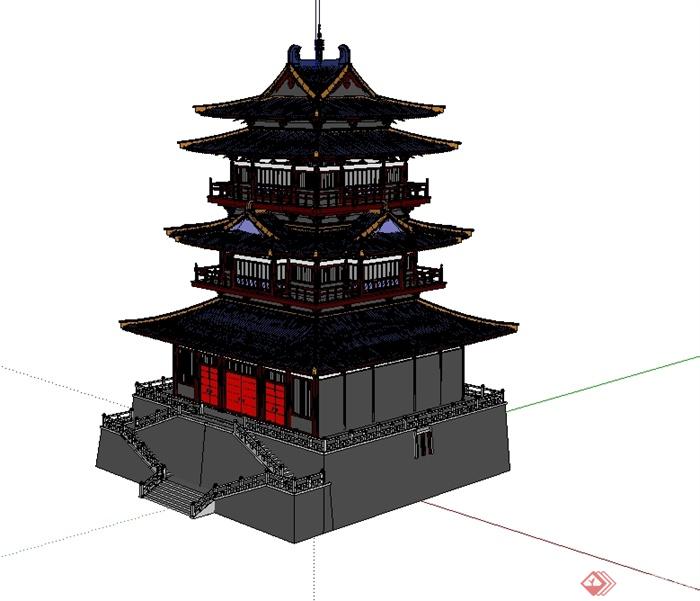 古典中式风格详细的藏经阁塔楼设计su模型(2)