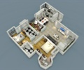 住宅设计,家装设计,家装鸟瞰图,床,地面铺装,餐桌椅,沙发茶几,卧室