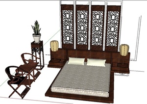 混搭榻榻米式床及中式家具SU(草图大师)模型