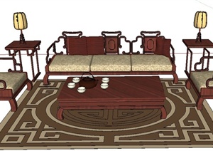 室内装饰一组中式沙发茶几SU(草图大师)模型