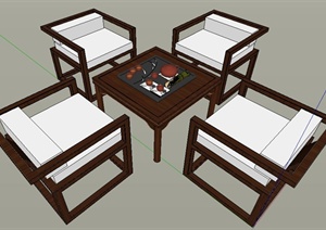 中式风格茶桌椅SU(草图大师)模型