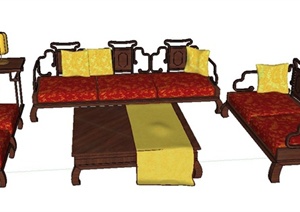 一组中式风格沙发茶几组合家具SU(草图大师)模型