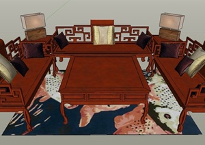 室内装饰古典中式沙发茶几SU(草图大师)模型
