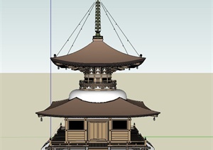 古典中式两层寺庙塔楼建筑设计SU(草图大师)模型