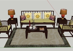 室内设计中式风格沙发茶几SU(草图大师)模型