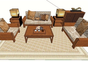 室内装饰中式风格沙发茶几家具组合SU(草图大师)模型