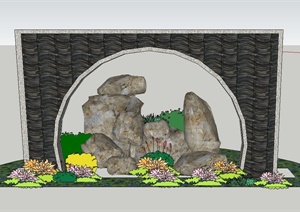 园林景观节点门廊、景石、花卉植物设计SU(草图大师)模型