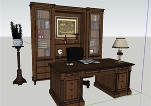 室内装饰中式风格书桌椅及书柜SU(草图大师)模型