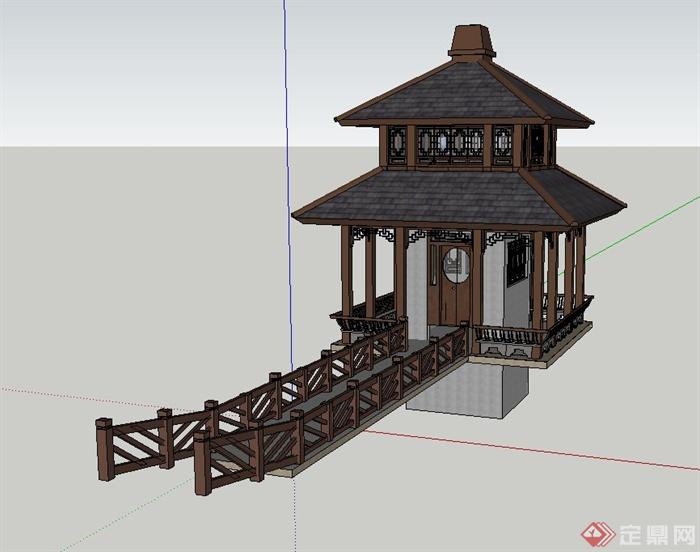 古典中式木质四角重檐亭设计SU模型(1)
