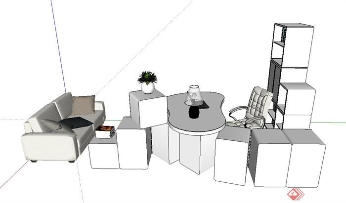 现代简约风格室内办公桌椅与沙发组合设计SU模型(1)