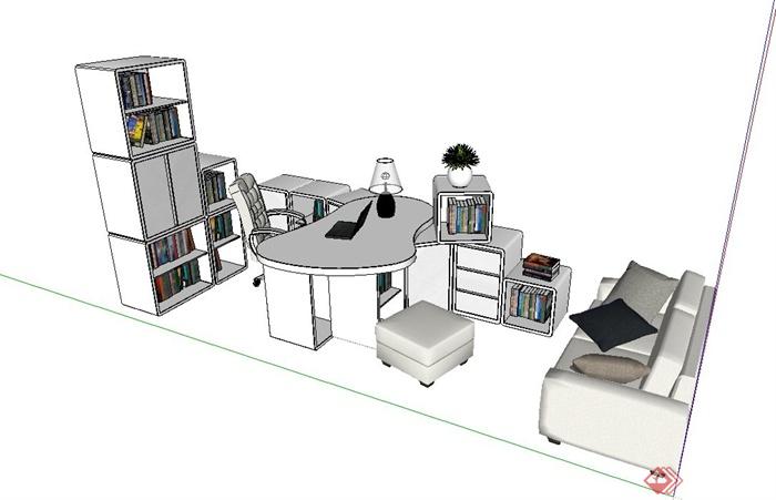 现代简约风格室内办公桌椅与沙发组合设计SU模型(2)
